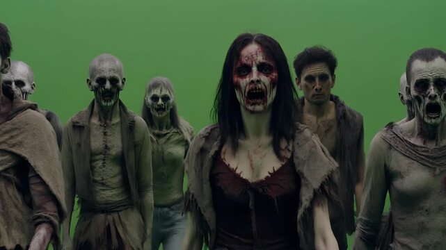 A group of zombies with decaying skin and tattered clothes advance towards the camera.