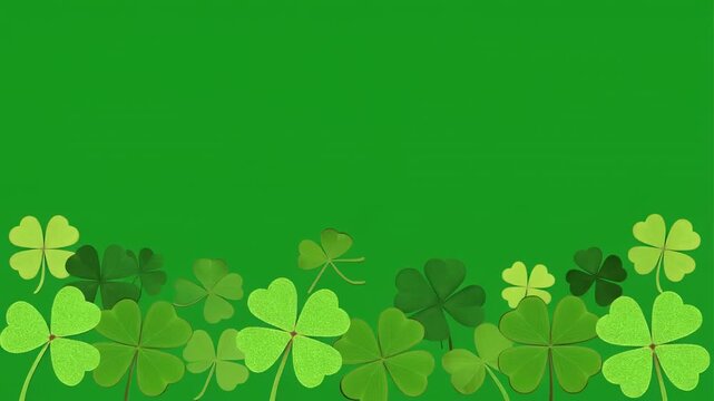 Lucky clover field blooming gently with subtle motion against a soft green background for festive celebrations