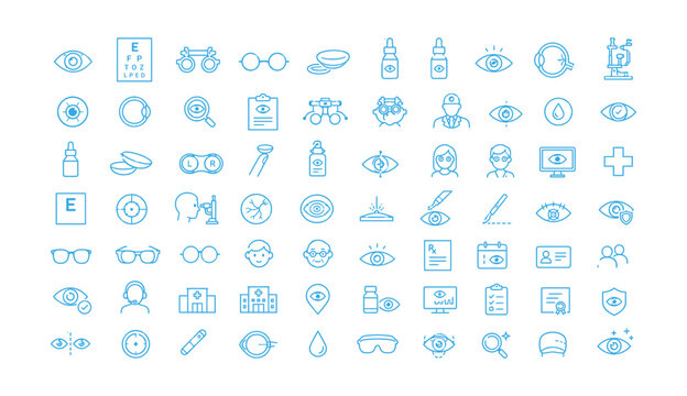 Set of thin line icons for ophthalmology optometry and eye health care services and medical equipment