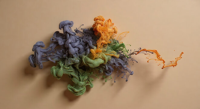 Abstract composition of colorful ink clouds swirling in clear water against a beige background.