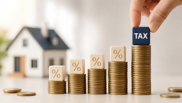 Hand placing a blue tax block on the highest coin stack with percent signs and a house background, illustrating rising property taxes and mortgage rates.