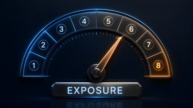 Glowing digital exposure meter dashboard indicating a high level 8 score, representing business risk assessment and monitoring concept.