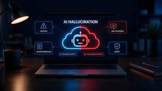 Laptop screen displaying AI hallucination warning concept with reliable versus hallucinated output interface on a dark office desk setting