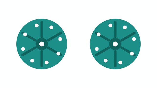 Two flat solid teal cassette tape reel shapes with radial spoke details positioned side by side rotate continuously clockwise in a perfectly seamless loop