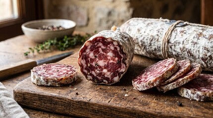 Fototapeta premium Rustic cutting board with sliced cured salami and knife in a farmhouse kitchen setting