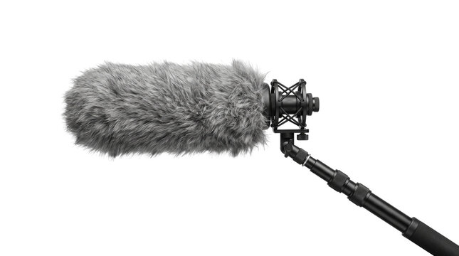 Professional boom microphone with grey deadcat windshield. Shotgun mic on telescopic pole for film production. Audio recording equipment on white background.