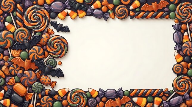 Colorful Halloween candy border with candy corn and sweets.
