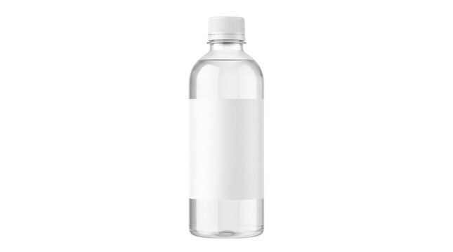 Clear plastic water bottle with blank white label, transparent mineral water container mockup, isolated beverage bottle for branding