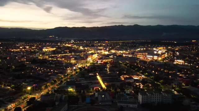 Night Aerial View of Bagua City Streets in Tekes County, Yili, Xinjiang, China