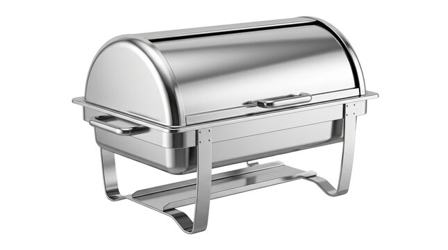 Stainless steel chafing dish for buffet catering. Professional chrome food warmer, polished metal chafing server for banquet events.