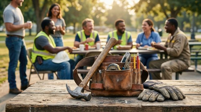 Workplace gear setup: Labor Day, USA tribute, September holiday, number 7, builder picnic, hammer tool, leather pouch, wooden table, diverse employee, outdoor break, safety glove, active community.