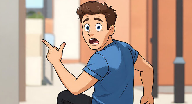 A cartoon illustration of a young man looking back with a shocked and surprised expression.