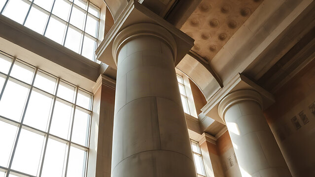 Concrete architectural column with dramatic light beams, highlighting minimalist structural details.