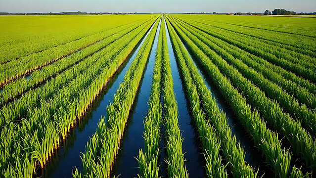 Straight irrigation canal through green field, geometric squares, calm water reflection.