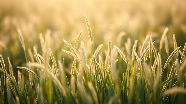 A field of fine fescue grass waving in the morning sun with dewdrops.