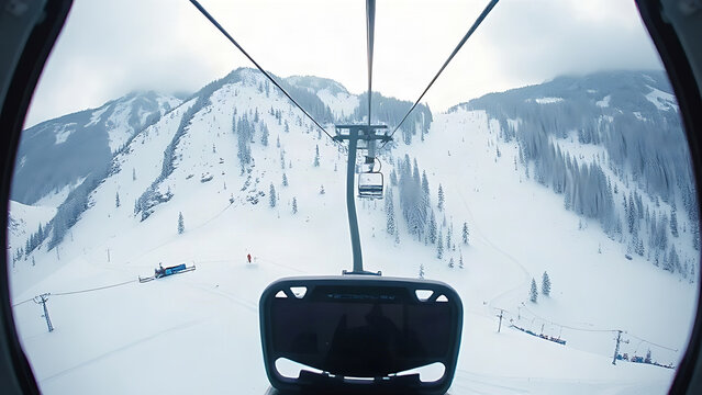 View from inside a ski lift cabin looking down at a steep snowy slope.