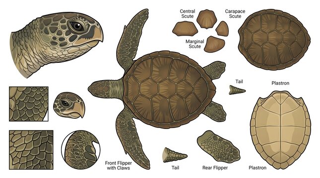 Sea turtle anatomy vector parts collection
