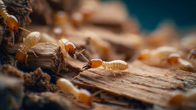 Close up macro shot of termites crawling on a piece of decaying wood.