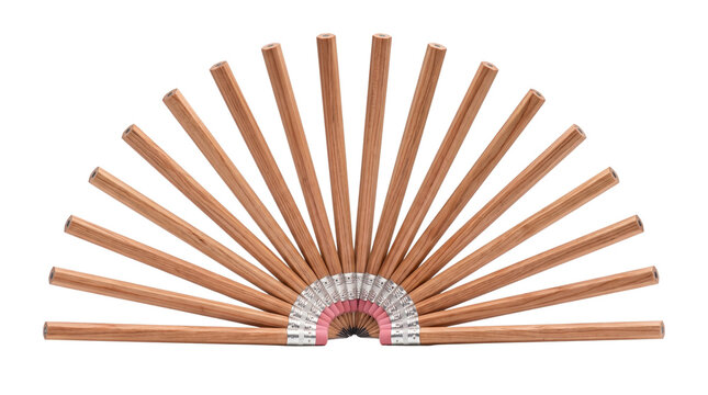 Natural wood pencils arranged in a fan shape, set of 18 unsharpened wooden pencils with pink erasers, creative office supplies