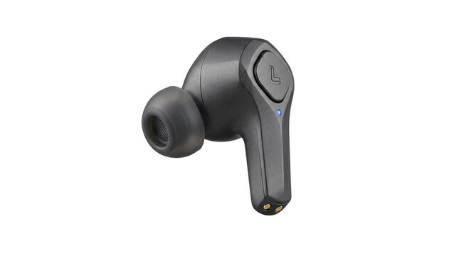 Black wireless earbud with silicone tip, modern bluetooth earphone on white background, sleek matte audio accessory for music and calls