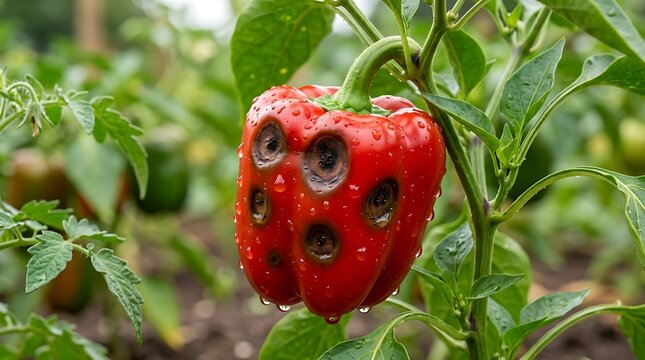 Red bell pepper with fungal spots growing in a garden