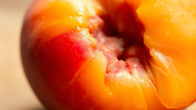A single ripe peach with a bite taken out, showing juicy, glistening flesh and delicate texture.