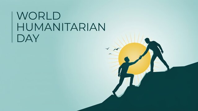 World Humanitarian Day illustration with two men silhouettes helping each other climb a hill at sunset, symbolizing support and assistance.