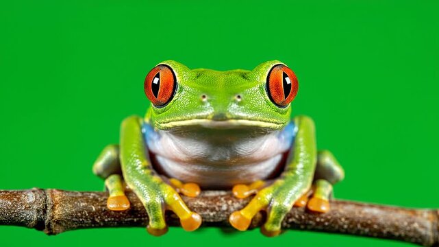 Front view of a vibrant red-eyed tree frog perched on a branch in a natural forest environment, macro wildlife photography