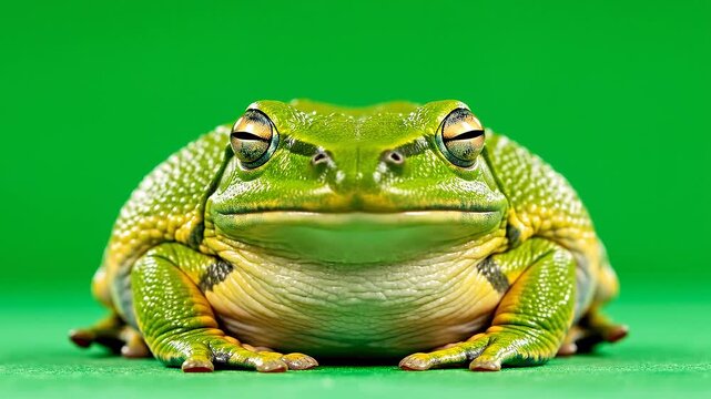 Macro Close-Up of a Green Frog Blinking Against a Solid Green Background Studio Portrait