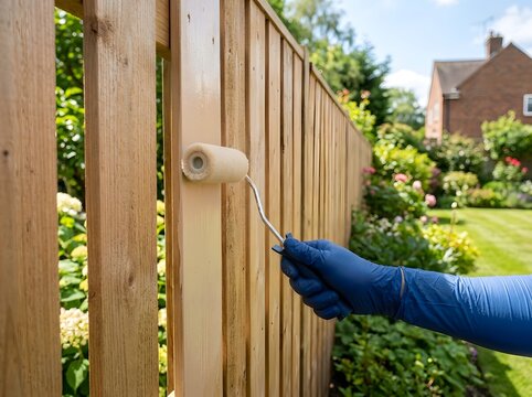 Person wearing blue nitrile gloves uses foam paint roller to apply light beige stain coating on natural cedar wood fence boards in sunny backyard garden.