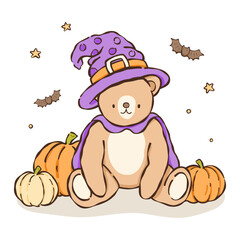 Fototapeta premium a teddy bear wearing a witch hat and holding pumpkins