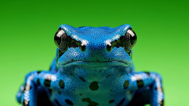 Close-up macro photography portrait of a vibrant blue poison dart frog staring intently while resting on a vivid green background