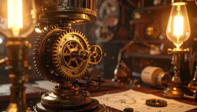 Steampunk Lamp with Gears and Vintage Bulbs on a Desk.