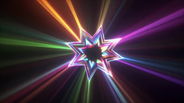 A multifaceted star-shaped object emits colorful light beams against a dark background.