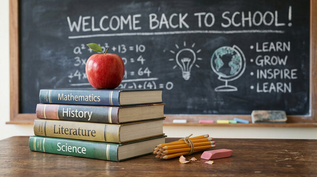 Stack of four school textbooks labeled Mathematics, History, Literature, and Science with a red apple on top on a wooden desk before a chalkboard saying Welcome Back to School.