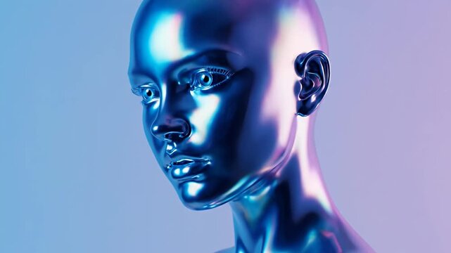 Metallic blue female bust in profile.