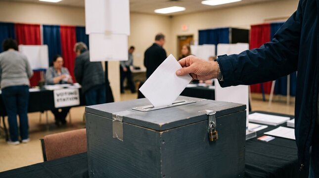 Voter casts paper ballot into secure ballot box at busy polling station