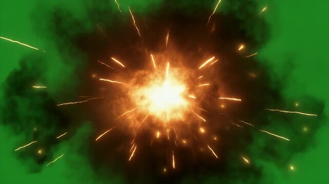 A vibrant explosion erupts with bright light and scattering sparks against a green screen background.