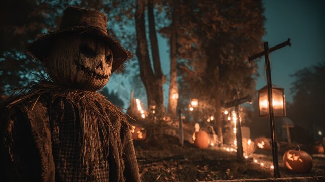 Scarecrow with a carved pumpkin head stands in a misty graveyard decorated for Halloween night.