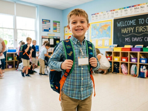 Portrait of a smiling elementary school boy wearing a dinosaur backpack and name tag standing in a well-lit first grade classroom with teacher and students in background.