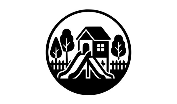 Playground park area icon in circular frame with playground children recreation outdoors illustration activity environment suburban backyard residential neighborhood isolated