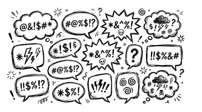 Hand drawn vector illustration showing collection of comic style speech bubbles filled with angry symbols