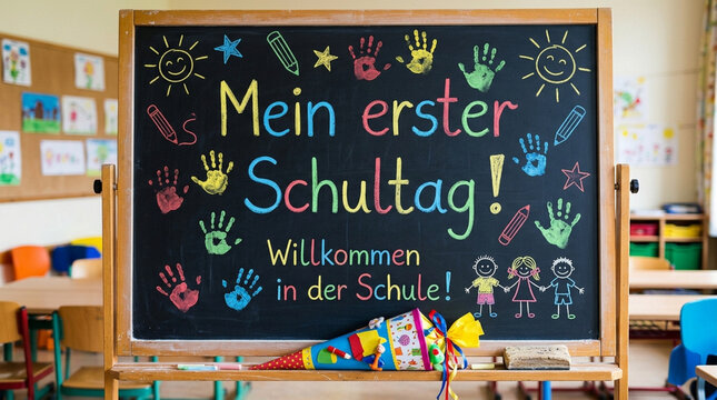 Blackboard in a primary classroom with German text Mein erster Schultag Willkommen in der Schule, featuring colorful chalk drawings and a traditional Schult&uuml;te school cone.