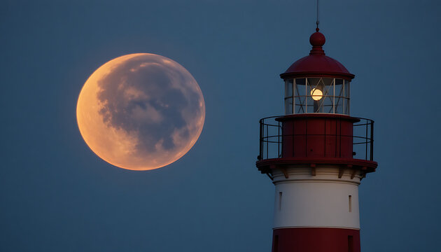 Close-up view of lighthouse with red top and white base illuminated against twilight sky beside large orange full moon creating strong visual contrast with cool blue background