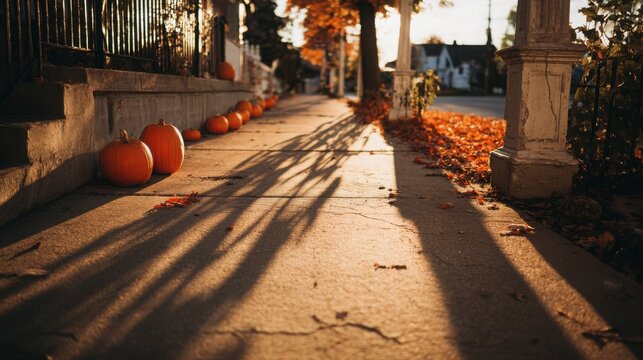 Pumpkins rest along a concrete path near a suburban house during a vibrant fall sunset evening.
