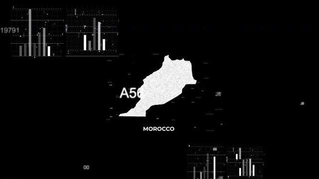 Morocco map animation showcasing economy, infrastructure, technology, population, energy, trade, and national development data for presentations, films, documentaries, and motion graphics.