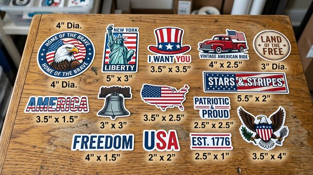 Collection of patriotic american themed stickers featuring eagles, statue of liberty, and usa map with dimensions