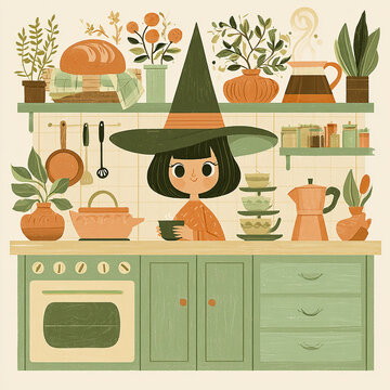 Cute witch girl character in green hat drinking coffee in cozy witchy kitchen illustration