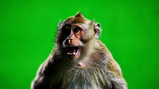 Close-up portrait of an expressive monkey laughing and shouting with an open mouth isolated against a vivid green studio background