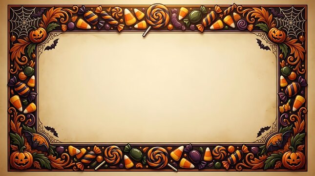 Ornate Halloween border with candy corn and pumpkins.